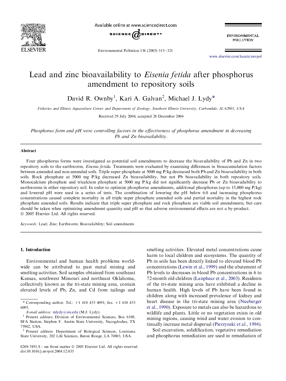 Lead and zinc bioavailability to Eisenia fetida after phosphorus amendment to repository soils