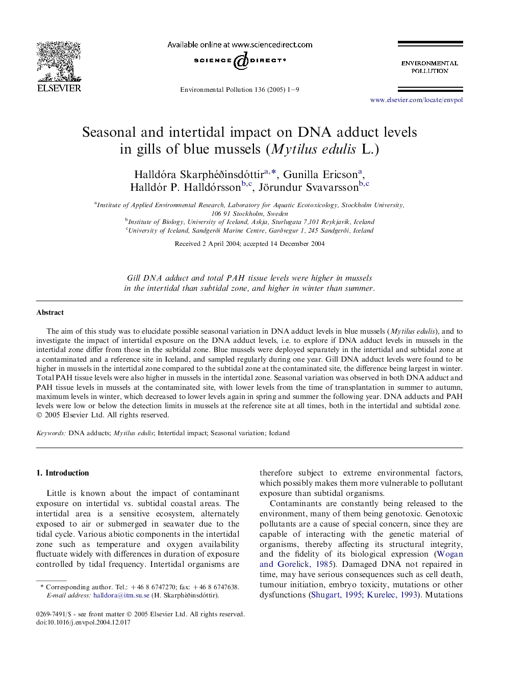 Seasonal and intertidal impact on DNA adduct levels in gills of blue mussels (Mytilus edulis L.)