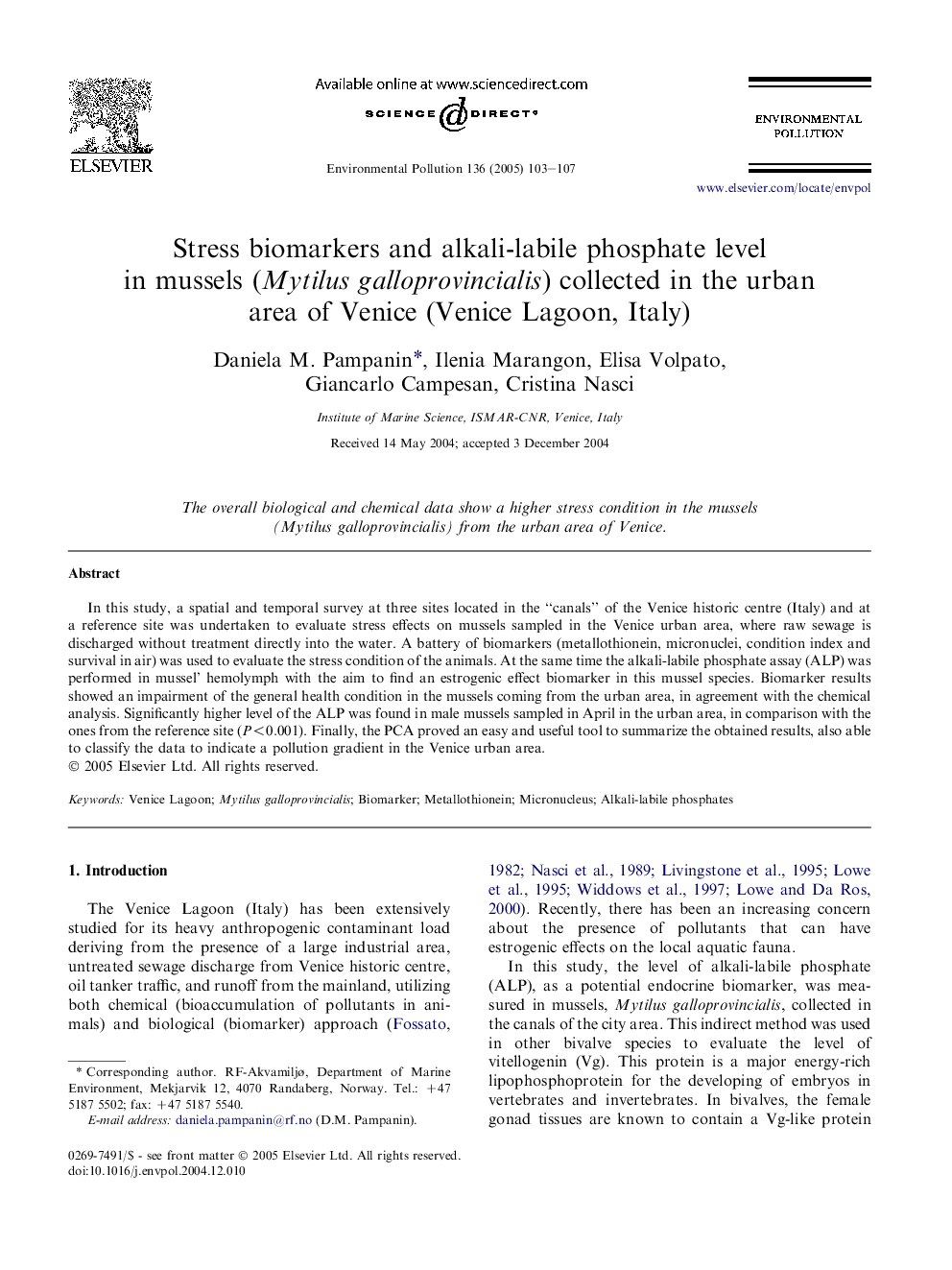 Stress biomarkers and alkali-labile phosphate level in mussels (Mytilus galloprovincialis) collected in the urban area of Venice (Venice Lagoon, Italy)