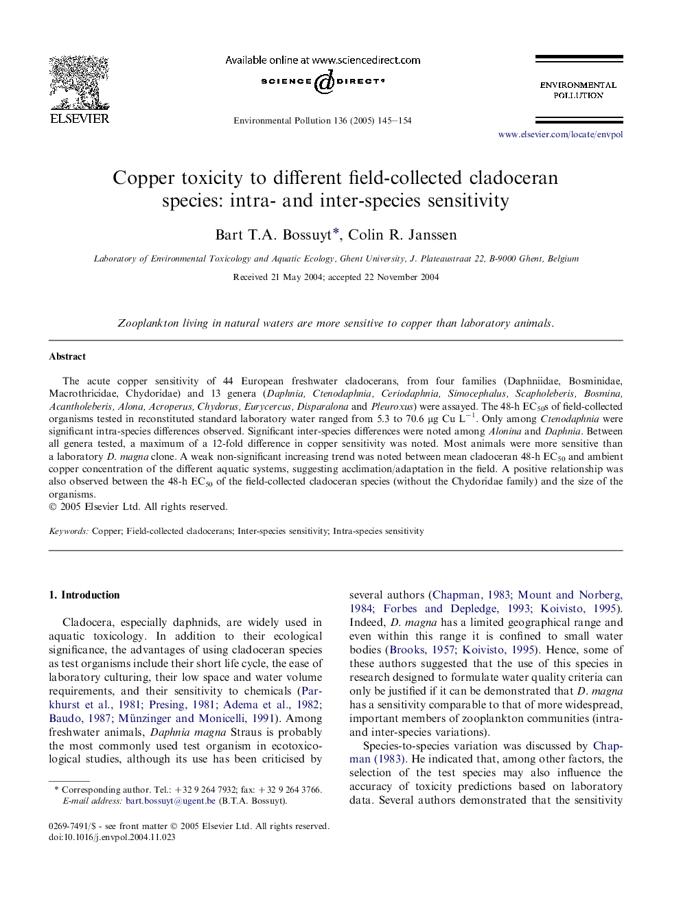 Copper toxicity to different field-collected cladoceran species: intra- and inter-species sensitivity