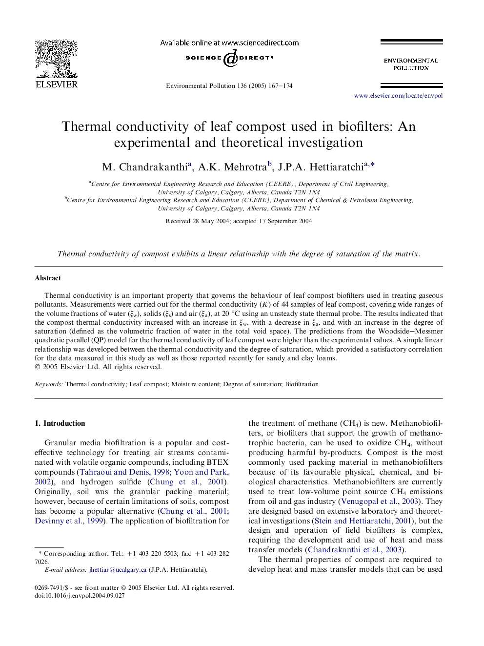 Thermal conductivity of leaf compost used in biofilters: An experimental and theoretical investigation