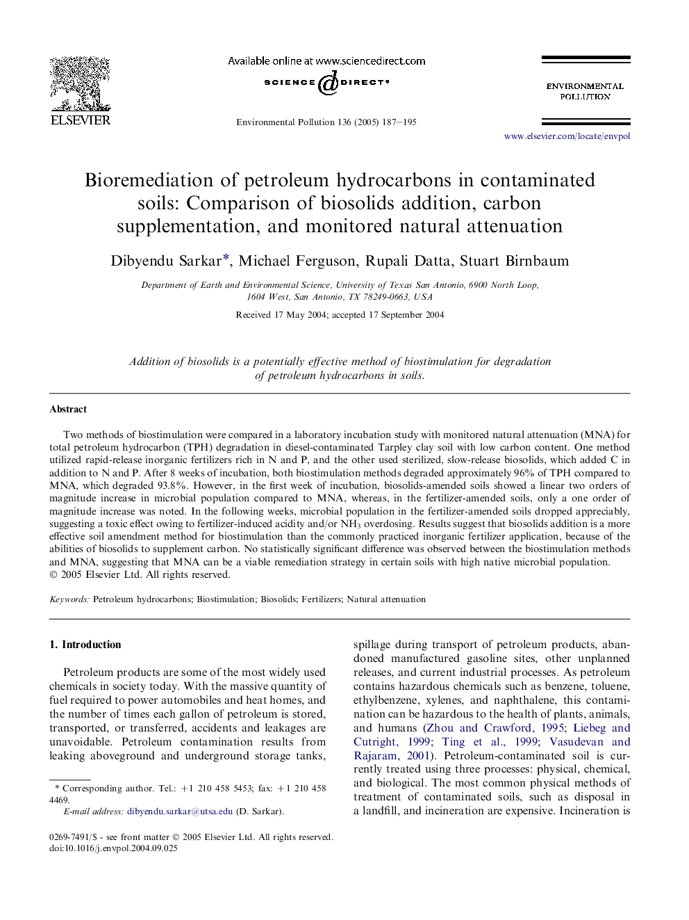 Bioremediation of petroleum hydrocarbons in contaminated soils: comparison of biosolids addition, carbon supplementation, and monitored natural attenuation