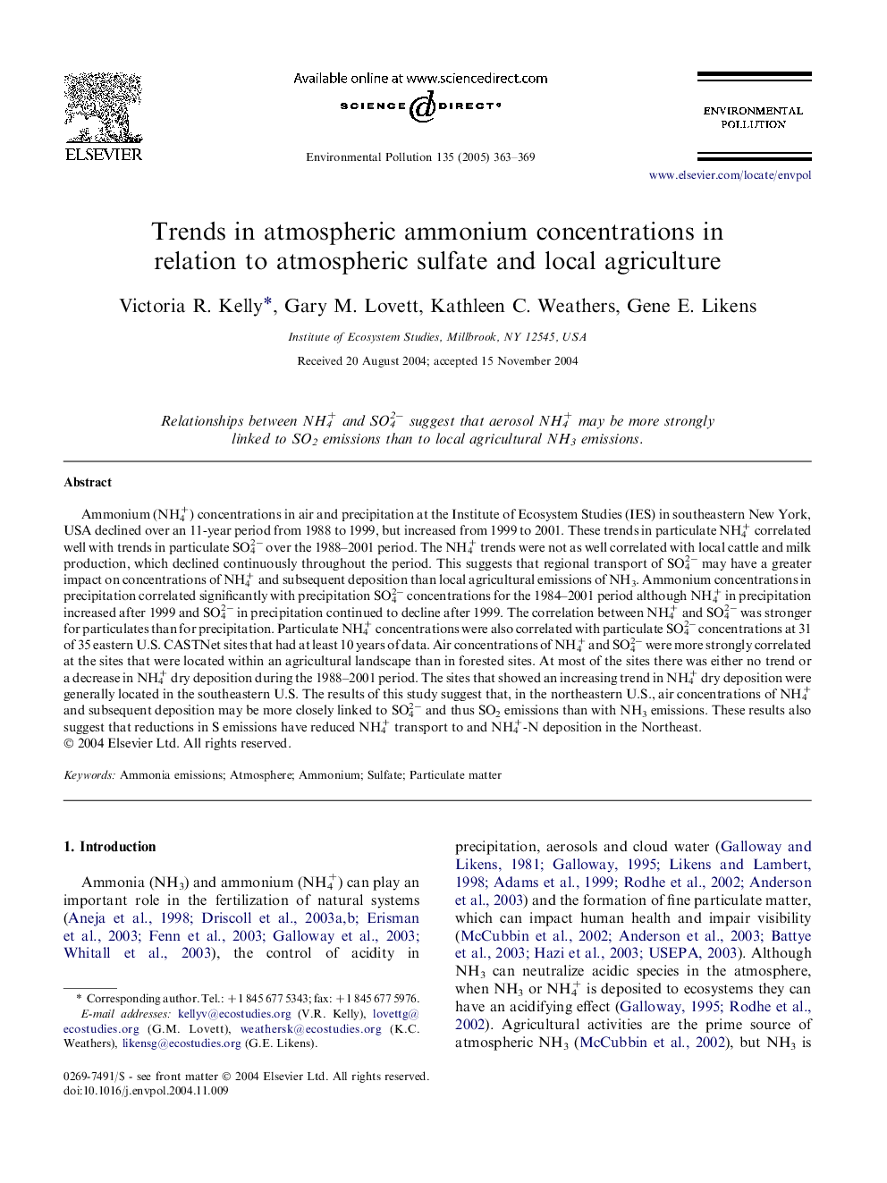 Trends in atmospheric ammonium concentrations in relation to atmospheric sulfate and local agriculture