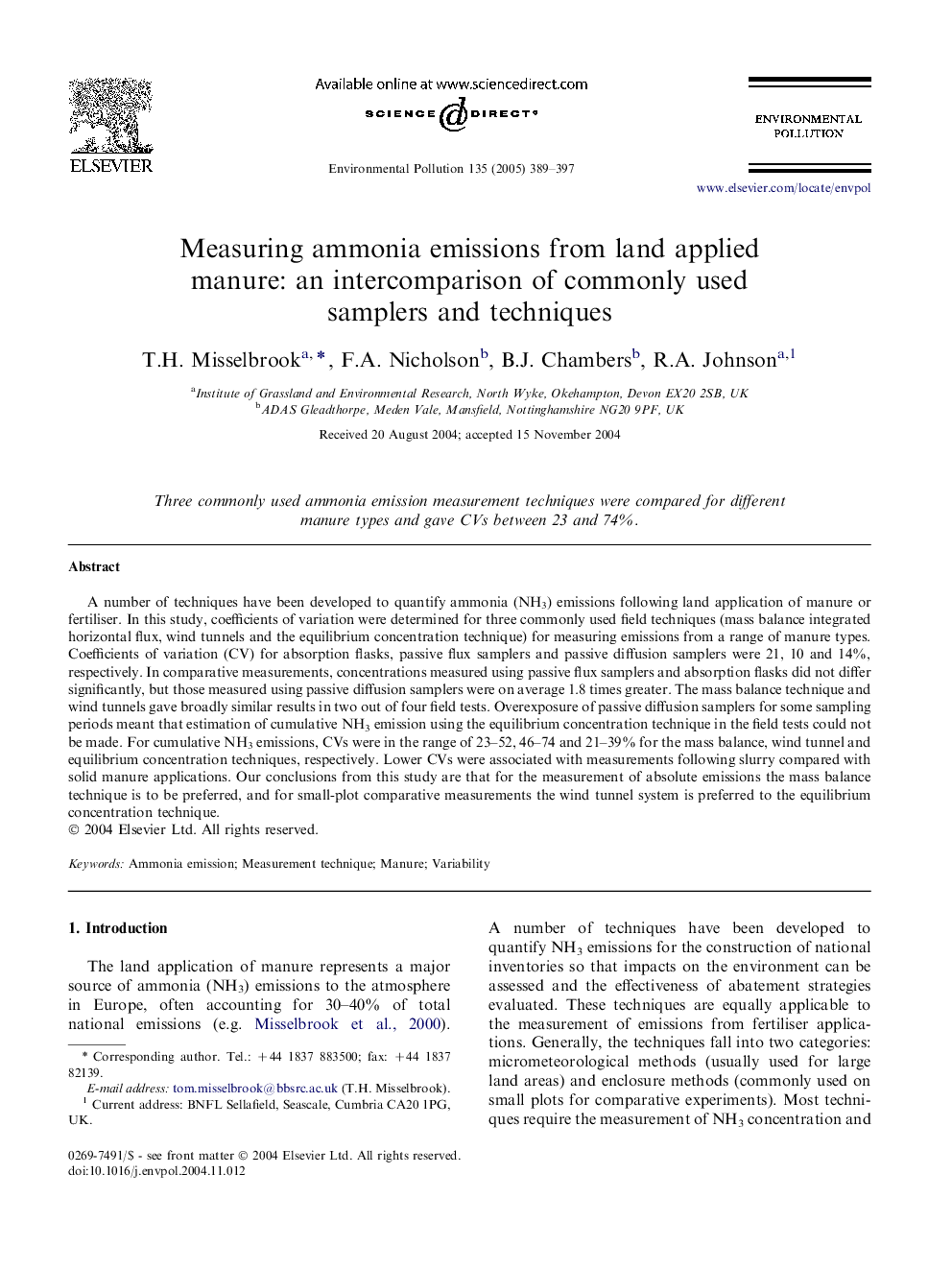 Measuring ammonia emissions from land applied manure: an intercomparison of commonly used samplers and techniques