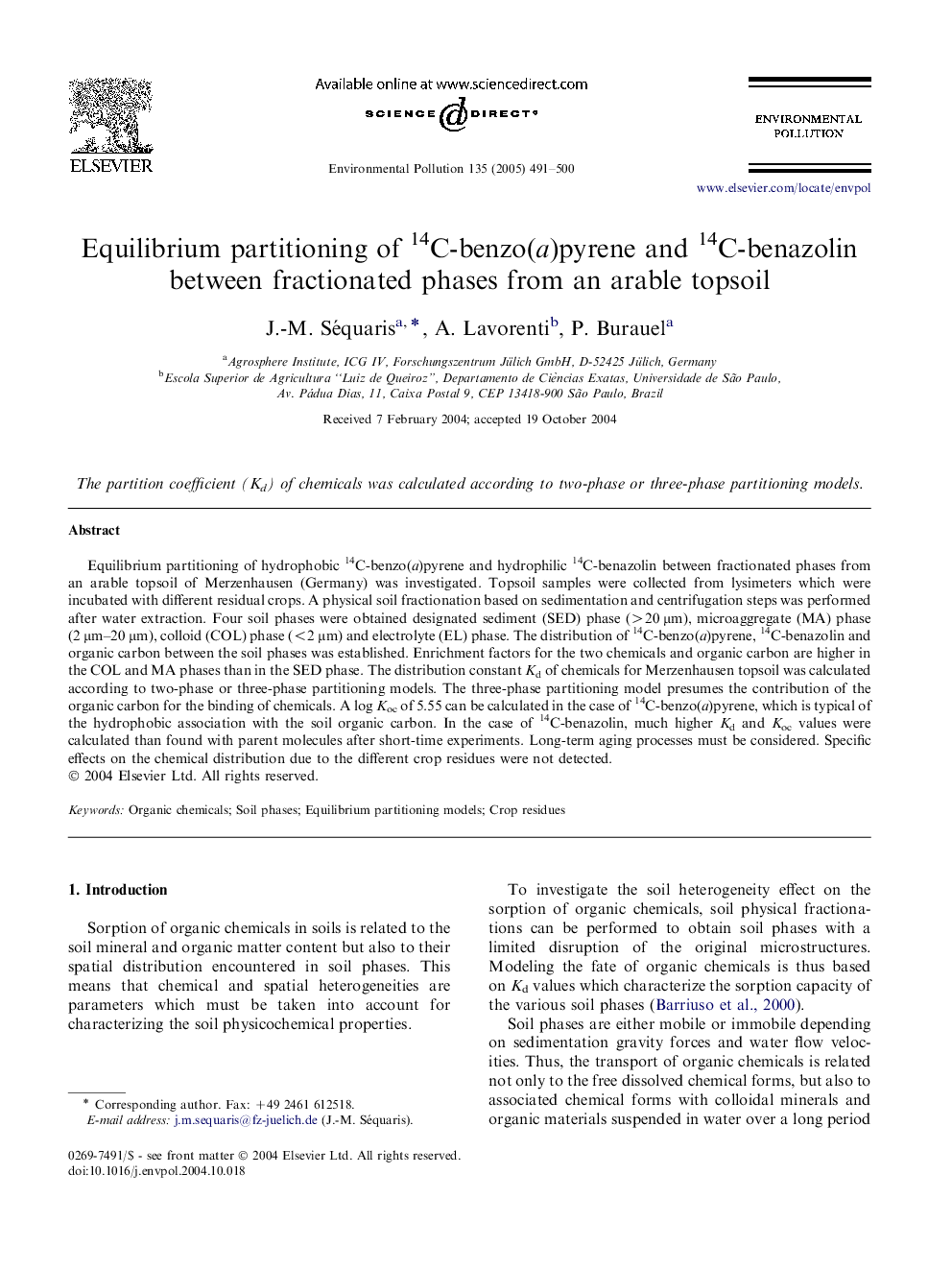 Equilibrium partitioning of 14C-benzo(a)pyrene and 14C-benazolin between fractionated phases from an arable topsoil