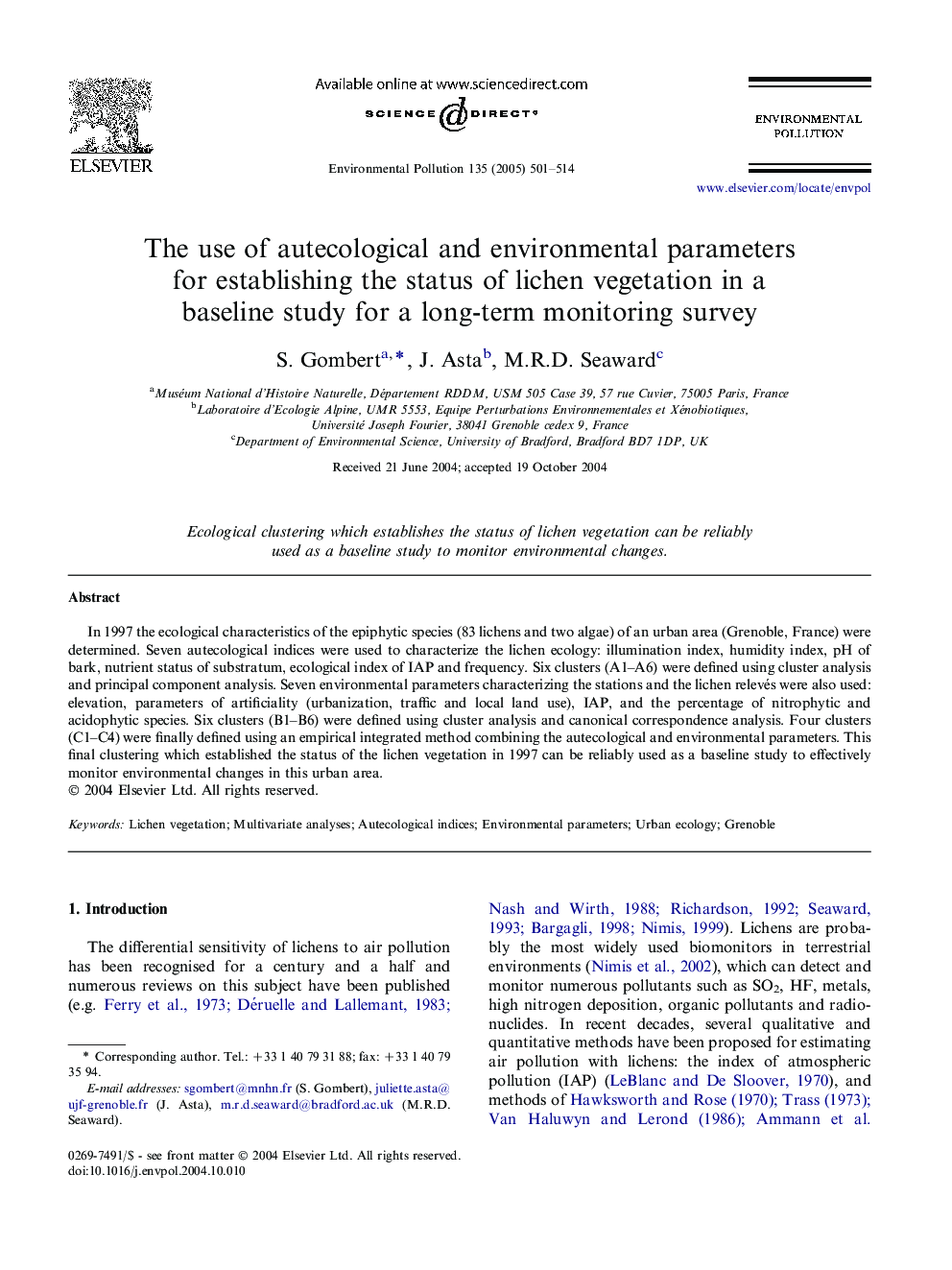 The use of autecological and environmental parameters for establishing the status of lichen vegetation in a baseline study for a long-term monitoring survey