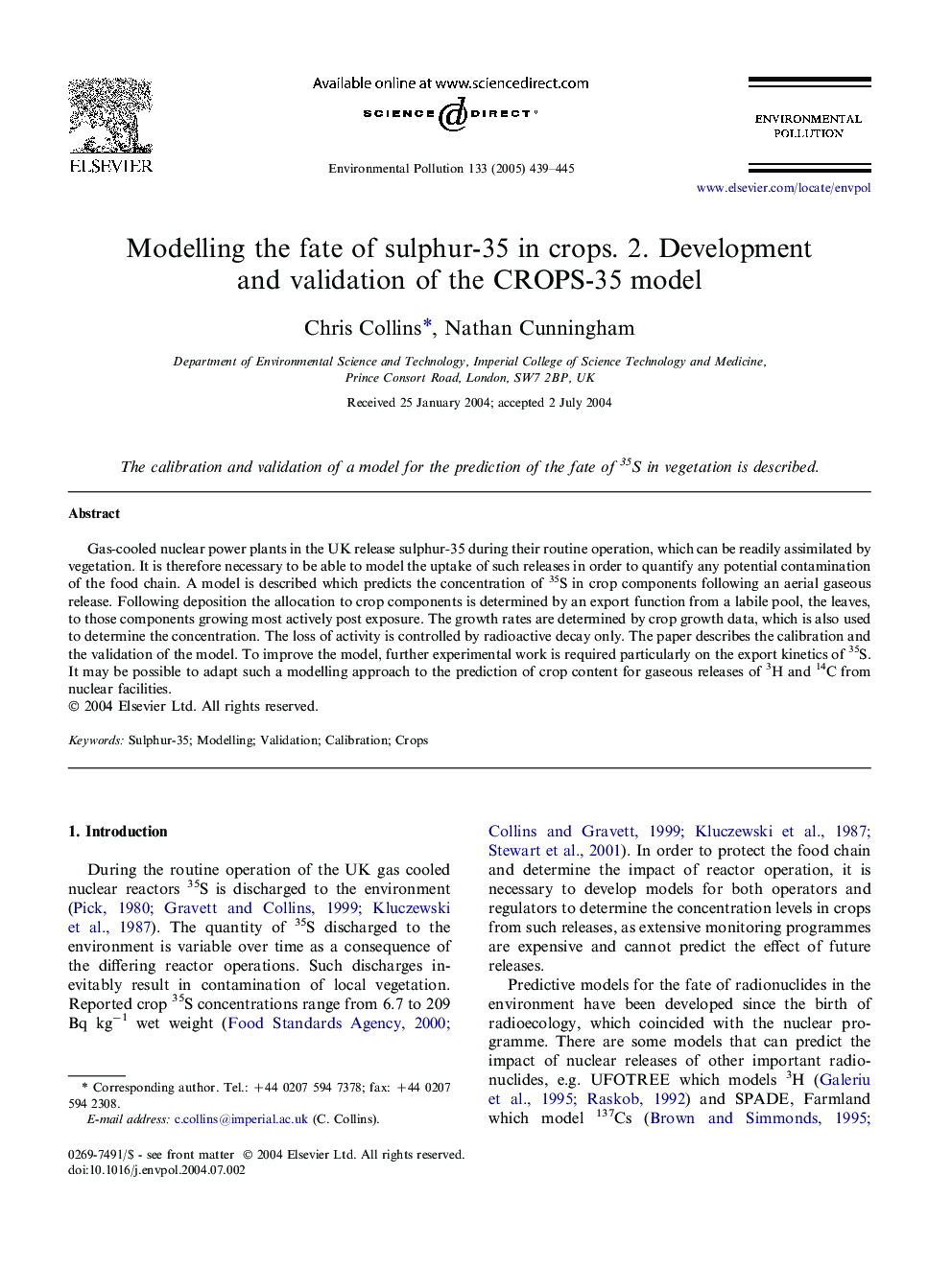 Modelling the fate of sulphur-35 in crops. 2. Development and validation of the CROPS-35 model