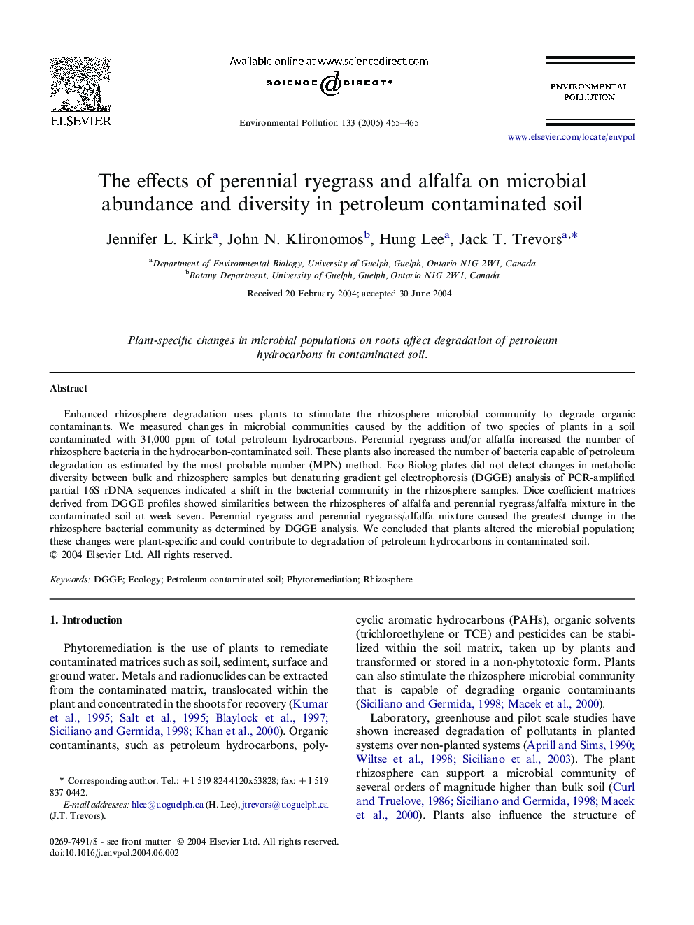 The effects of perennial ryegrass and alfalfa on microbial abundance and diversity in petroleum contaminated soil