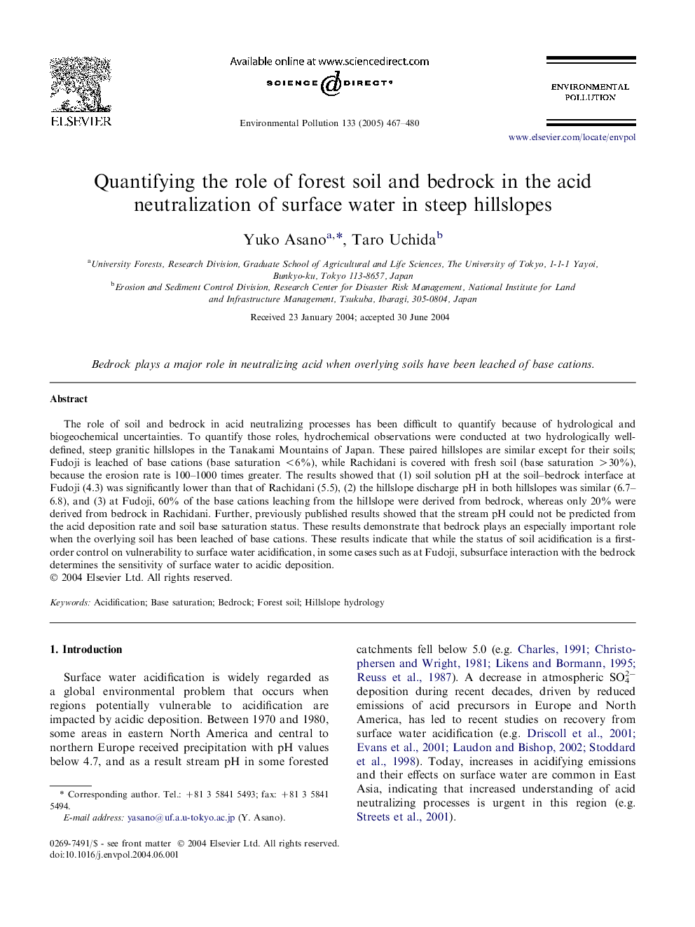 Quantifying the role of forest soil and bedrock in the acid neutralization of surface water in steep hillslopes