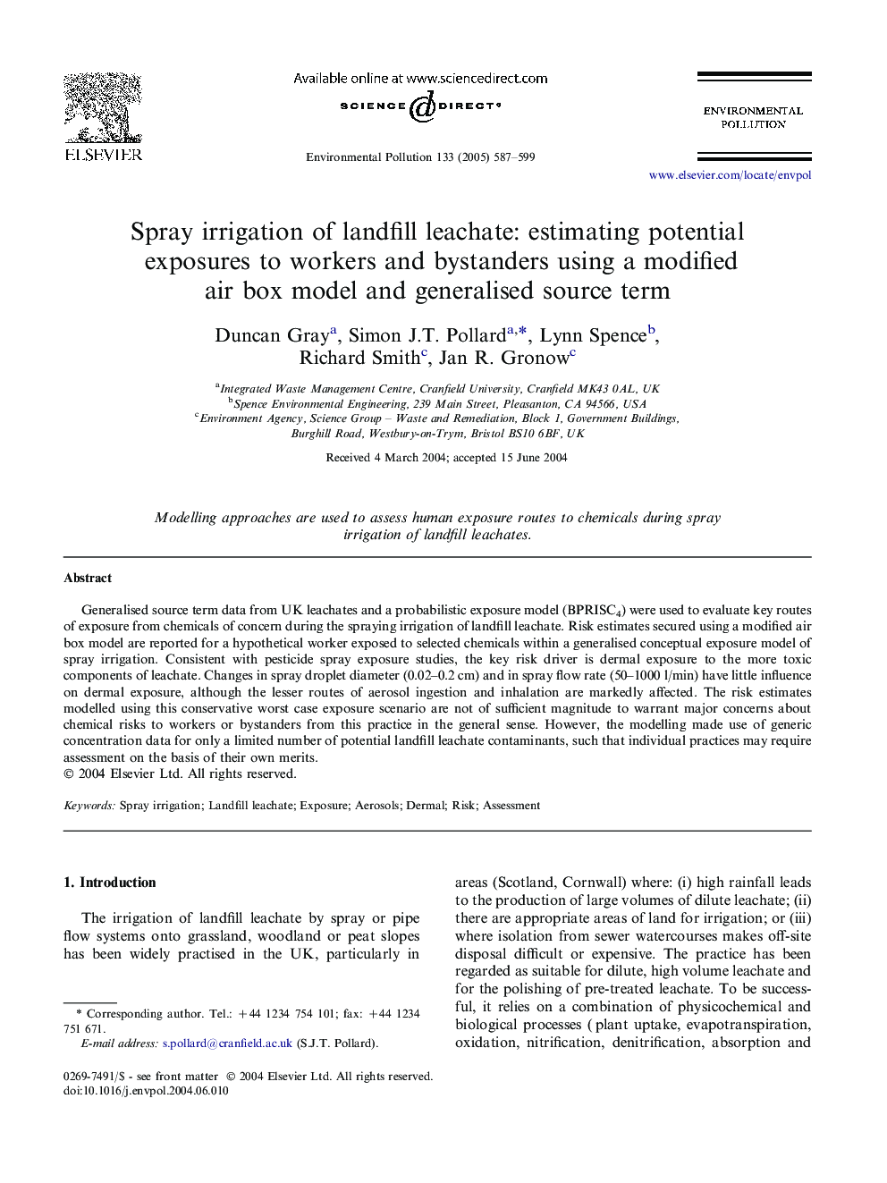 Spray irrigation of landfill leachate: estimating potential exposures to workers and bystanders using a modified air box model and generalised source term