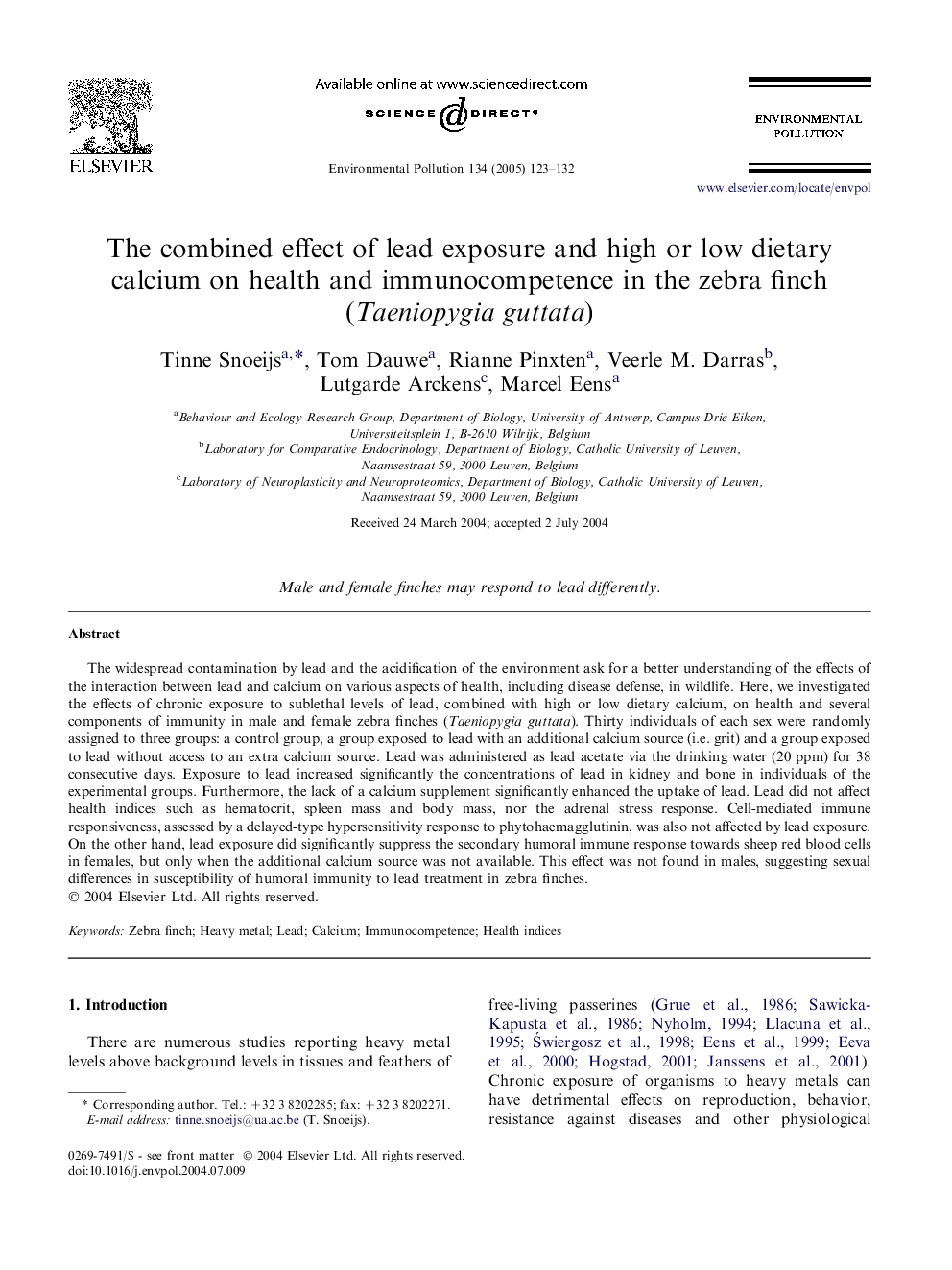 The combined effect of lead exposure and high or low dietary calcium on health and immunocompetence in the zebra finch (Taeniopygia guttata)