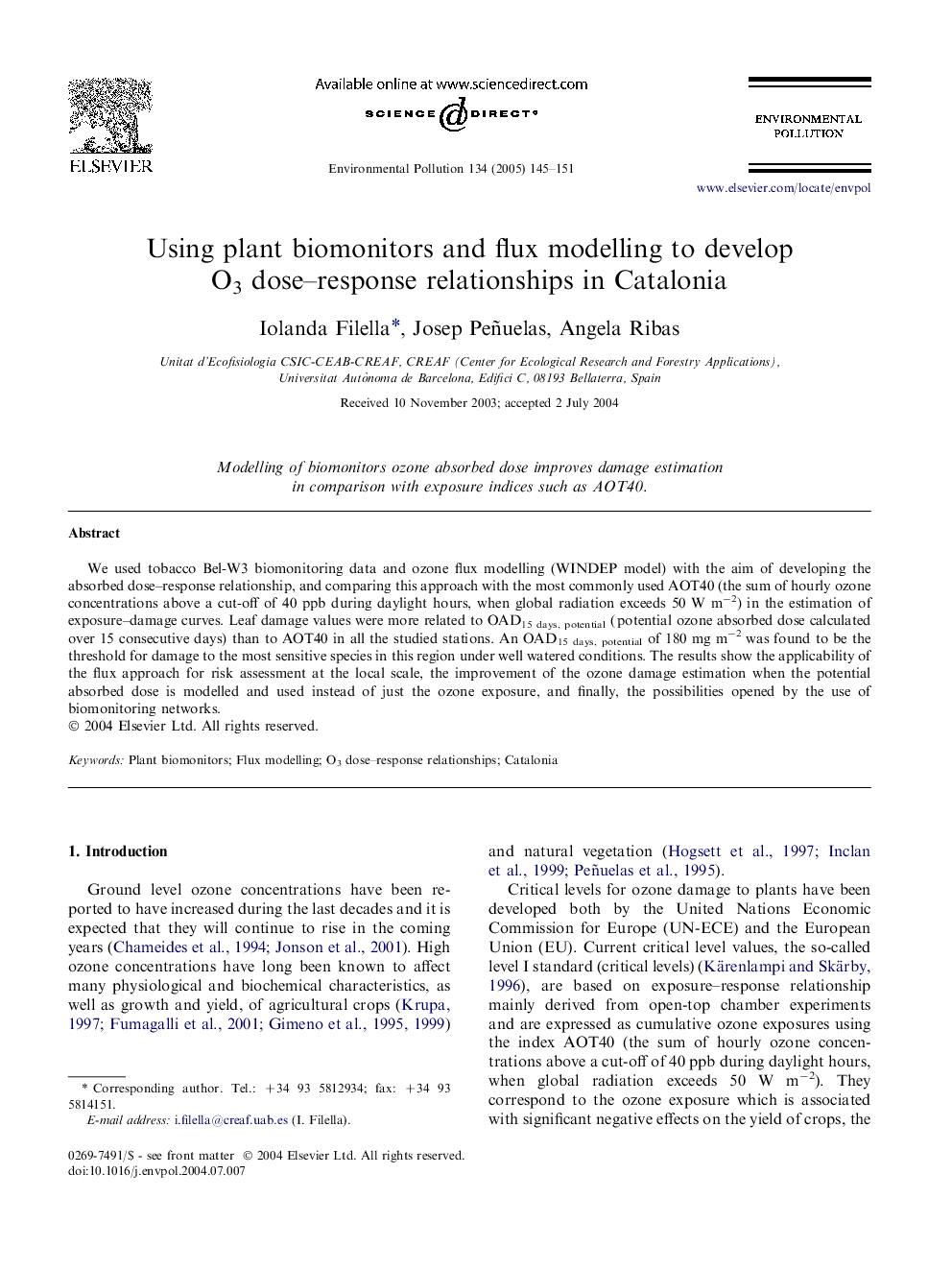 Using plant biomonitors and flux modelling to develop O3 dose-response relationships in Catalonia