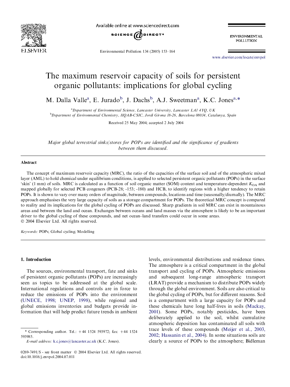 عکس صفحه اول مقاله: The maximum reservoir capacity of soils for persistent organic pollutants: implications for global cycling The maximum reservoir capacity of soils for persistent organic pollutants: implications for global cycling