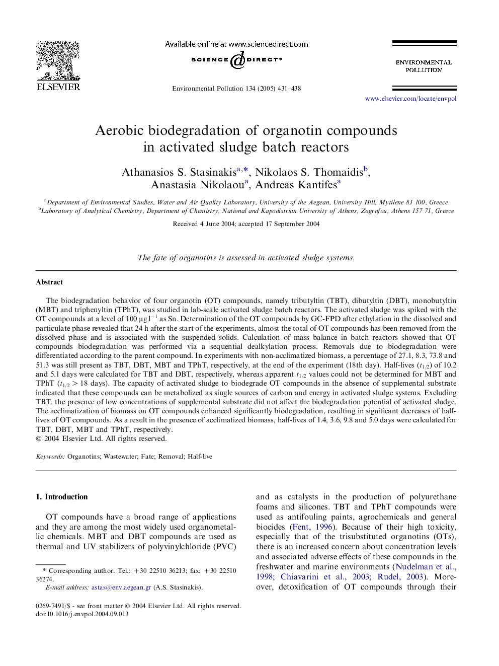 Aerobic biodegradation of organotin compounds in activated sludge batch reactors