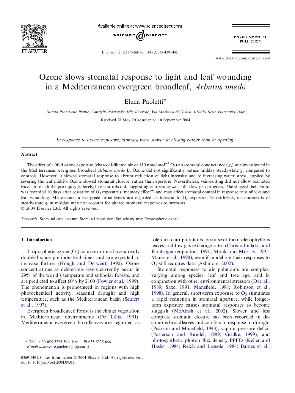 Ozone slows stomatal response to light and leaf wounding in a Mediterranean evergreen broadleaf, Arbutus unedo