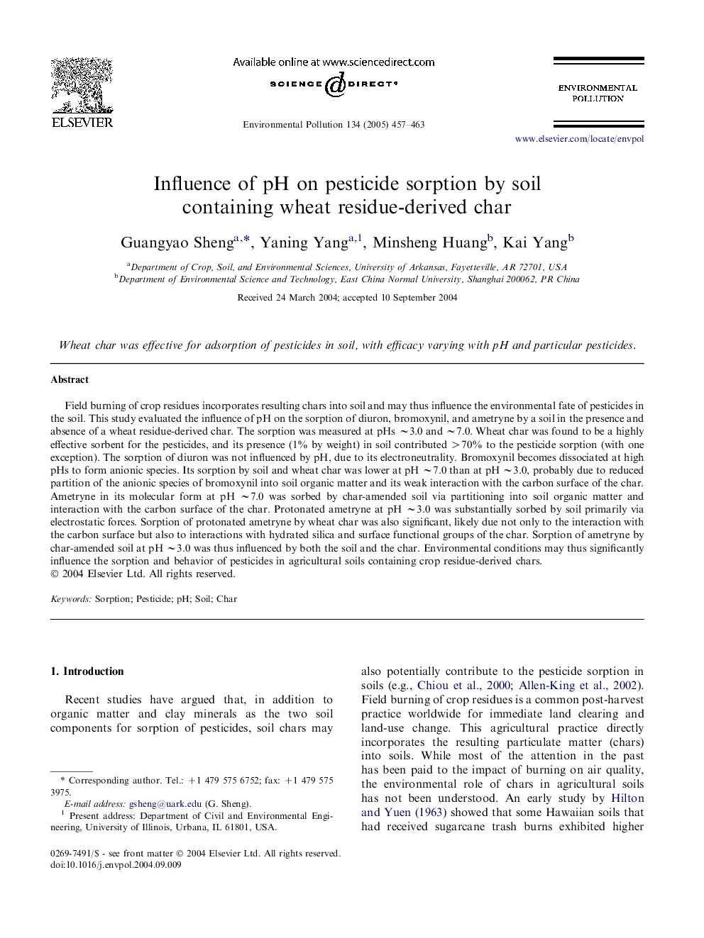 Influence of pH on pesticide sorption by soil containing wheat residue-derived char