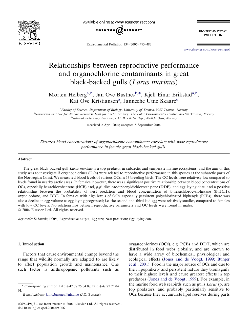 Relationships between reproductive performance and organochlorine contaminants in great black-backed gulls (Larus marinus)