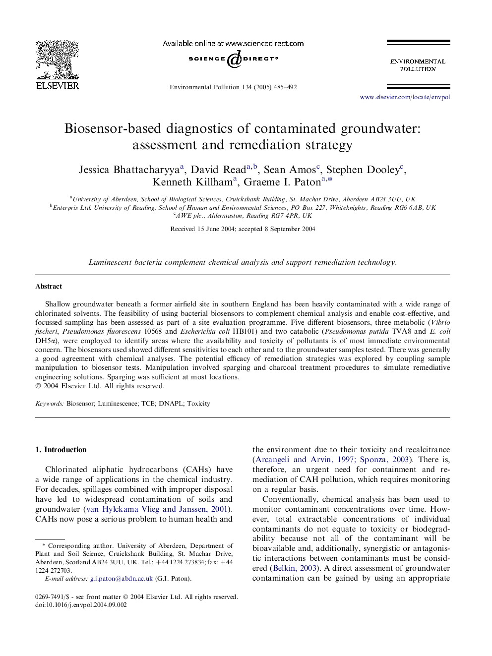 Biosensor-based diagnostics of contaminated groundwater: assessment and remediation strategy