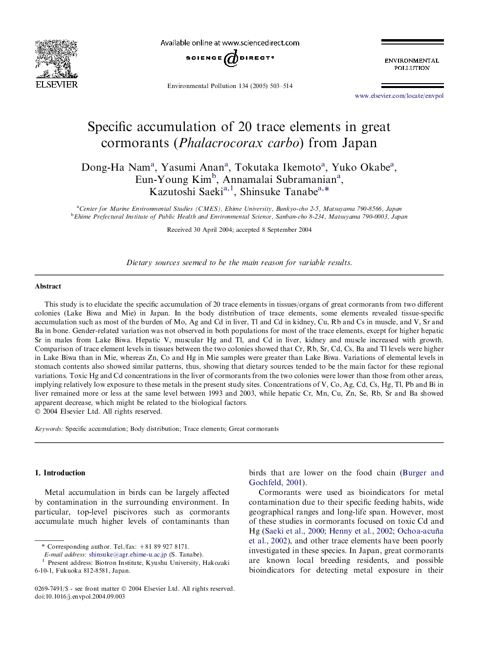 Specific accumulation of 20 trace elements in great cormorants (Phalacrocorax carbo) from Japan