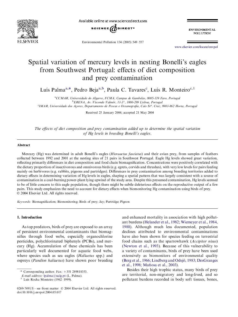 Spatial variation of mercury levels in nesting Bonelli's eagles from Southwest Portugal: effects of diet composition and prey contamination