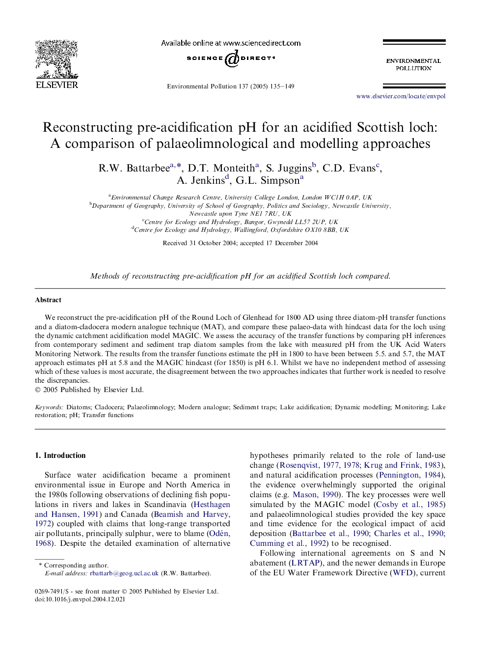 Reconstructing pre-acidification pH for an acidified Scottish loch: A comparison of palaeolimnological and modelling approaches