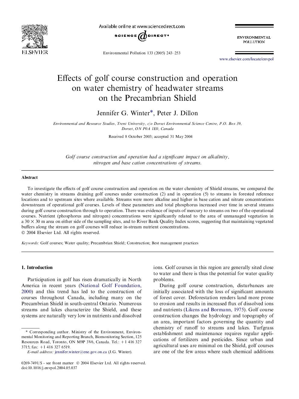 Effects of golf course construction and operation on water chemistry of headwater streams on the Precambrian Shield