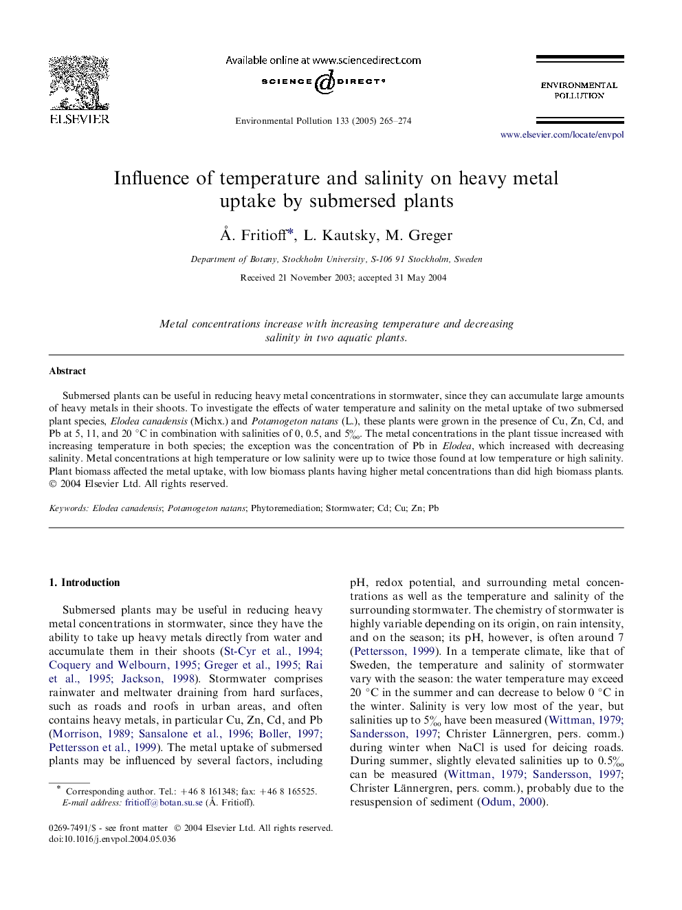 Influence of temperature and salinity on heavy metal uptake by submersed plants