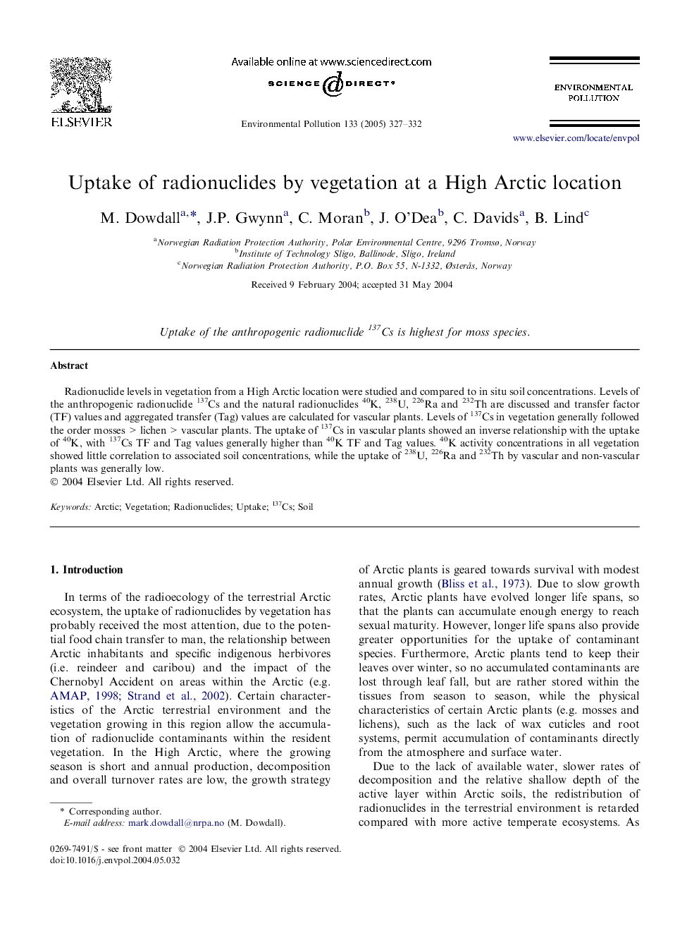 Uptake of radionuclides by vegetation at a High Arctic location