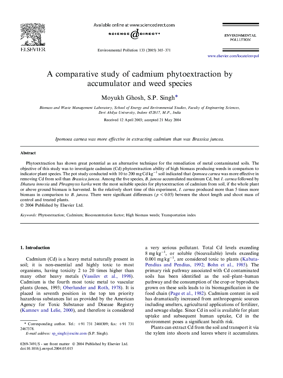 A comparative study of cadmium phytoextraction by accumulator and weed species