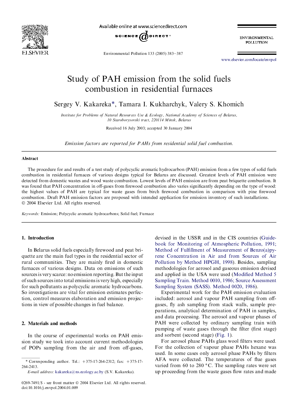 Study of PAH emission from the solid fuels combustion in residential furnaces