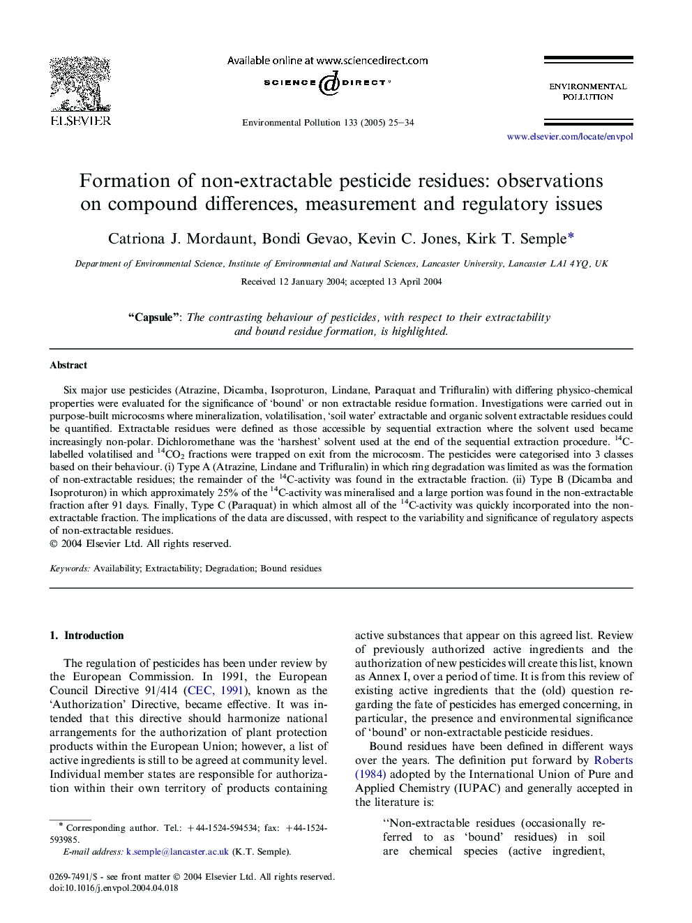 Formation of non-extractable pesticide residues: observations on compound differences, measurement and regulatory issues