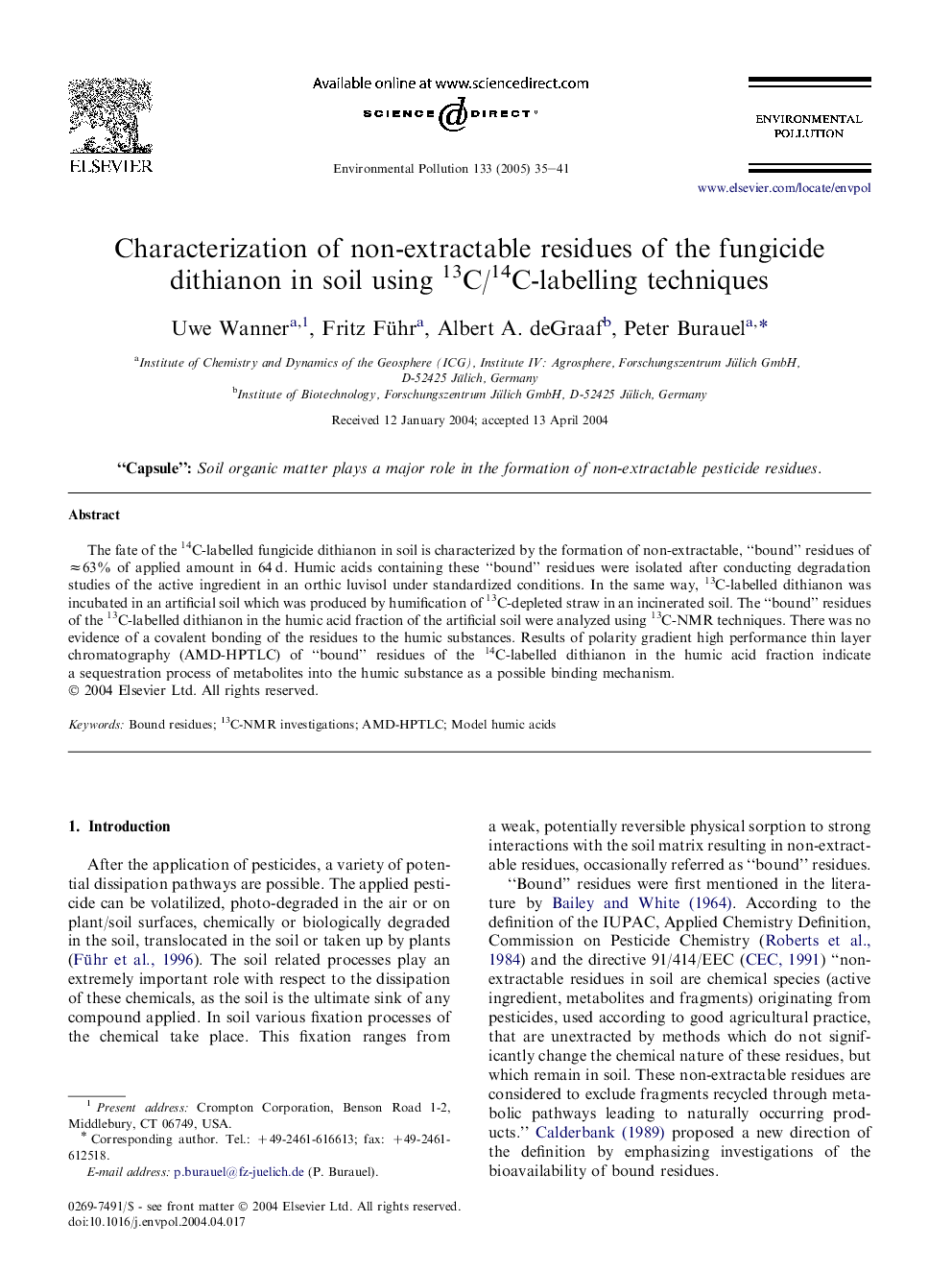 Characterization of non-extractable residues of the fungicide dithianon in soil using 13C/14C-labelling techniques