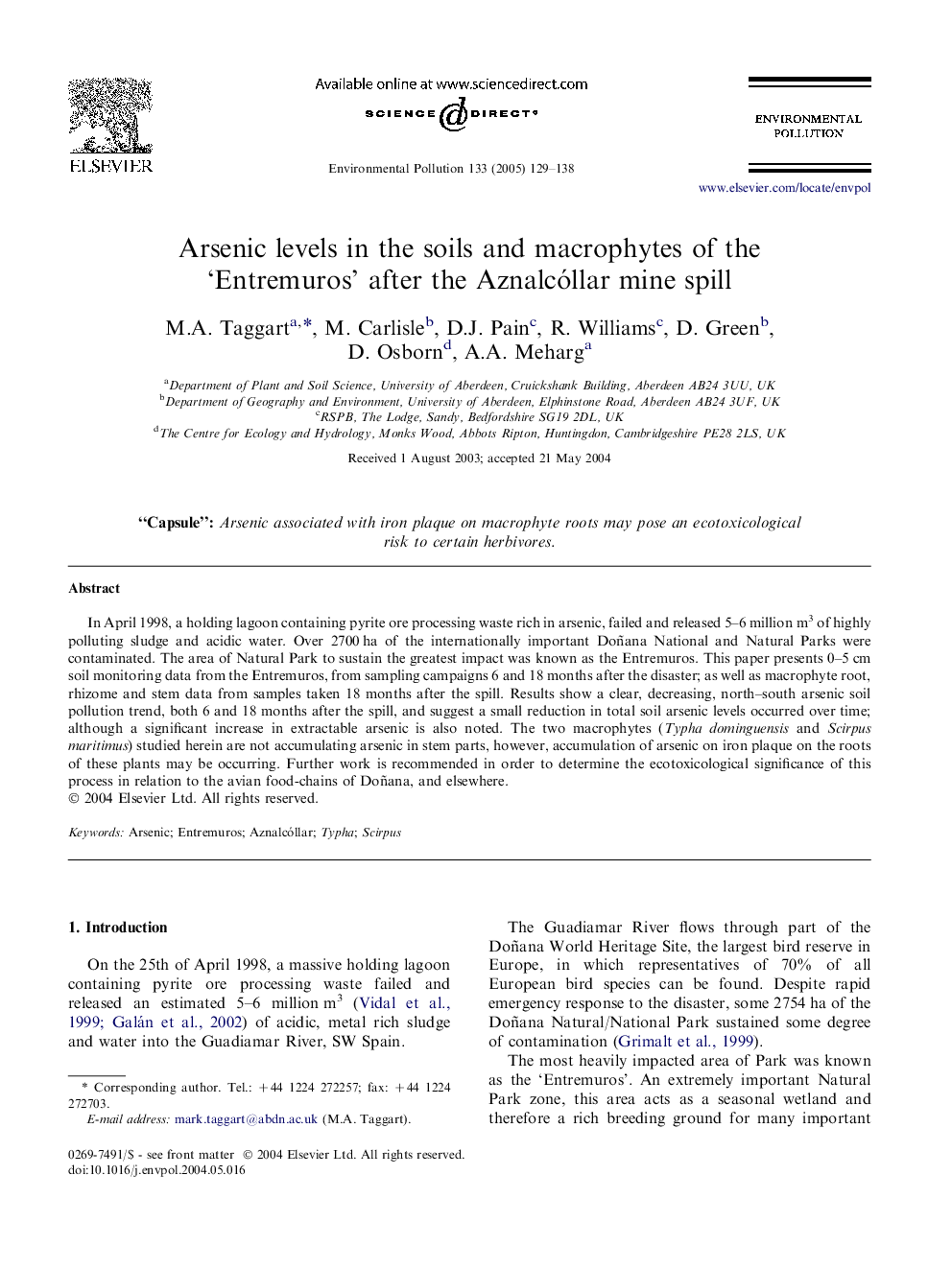 Arsenic levels in the soils and macrophytes of the 'Entremuros' after the Aznalcóllar mine spill