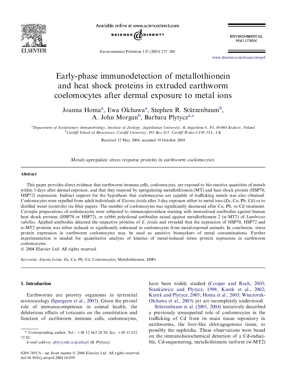 Early-phase immunodetection of metallothionein and heat shock proteins in extruded earthworm coelomocytes after dermal exposure to metal ions