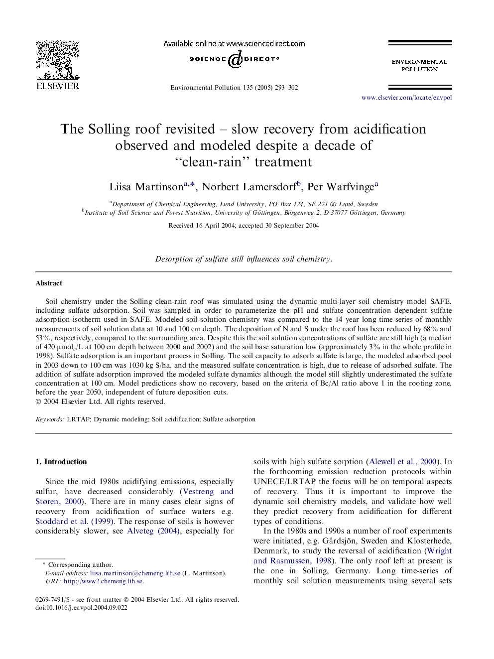 The Solling roof revisited - slow recovery from acidification observed and modeled despite a decade of “clean-rain” treatment