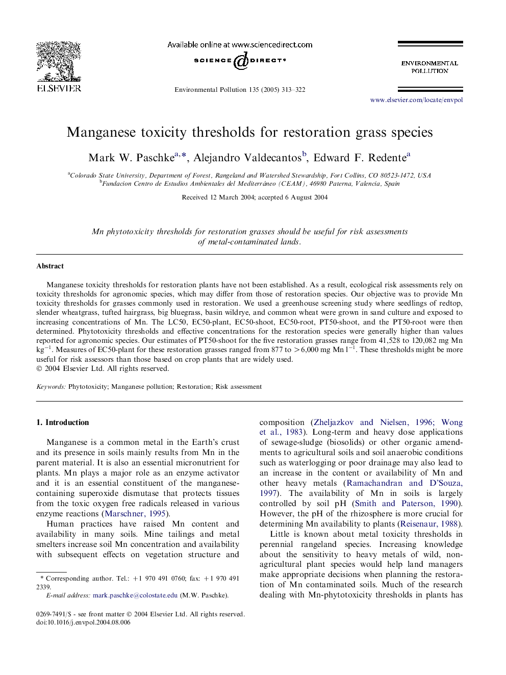 Manganese toxicity thresholds for restoration grass species