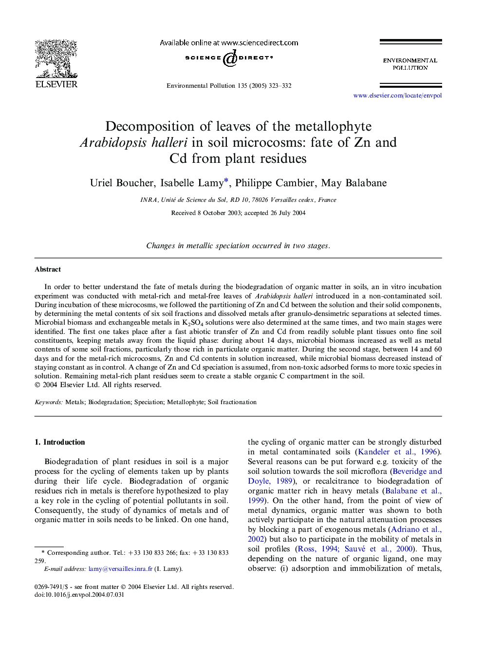 Decomposition of leaves of the metallophyte Arabidopsis halleri in soil microcosms: fate of Zn and Cd from plant residues