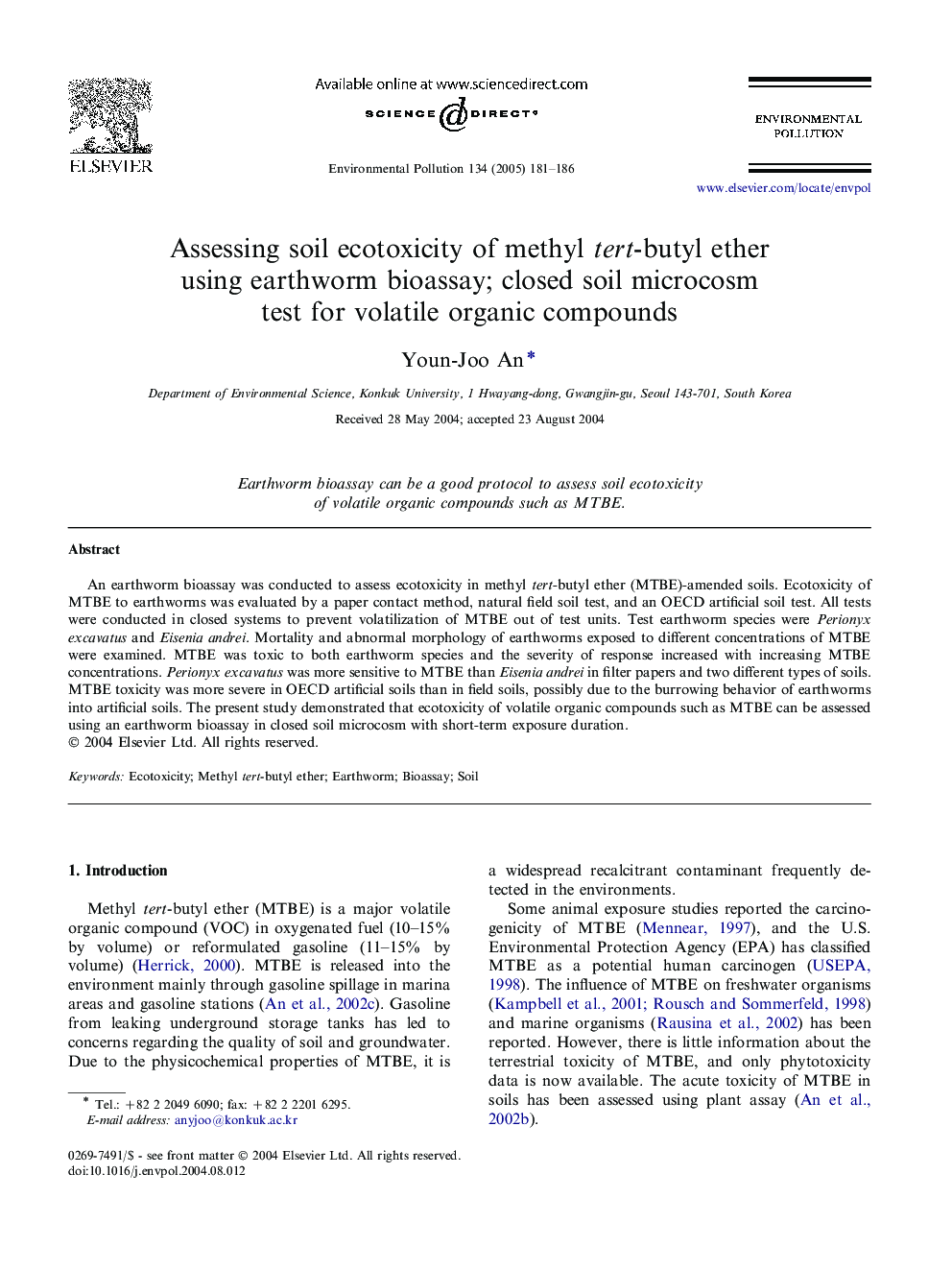 Assessing soil ecotoxicity of methyl tert-butyl ether using earthworm bioassay; closed soil microcosm test for volatile organic compounds