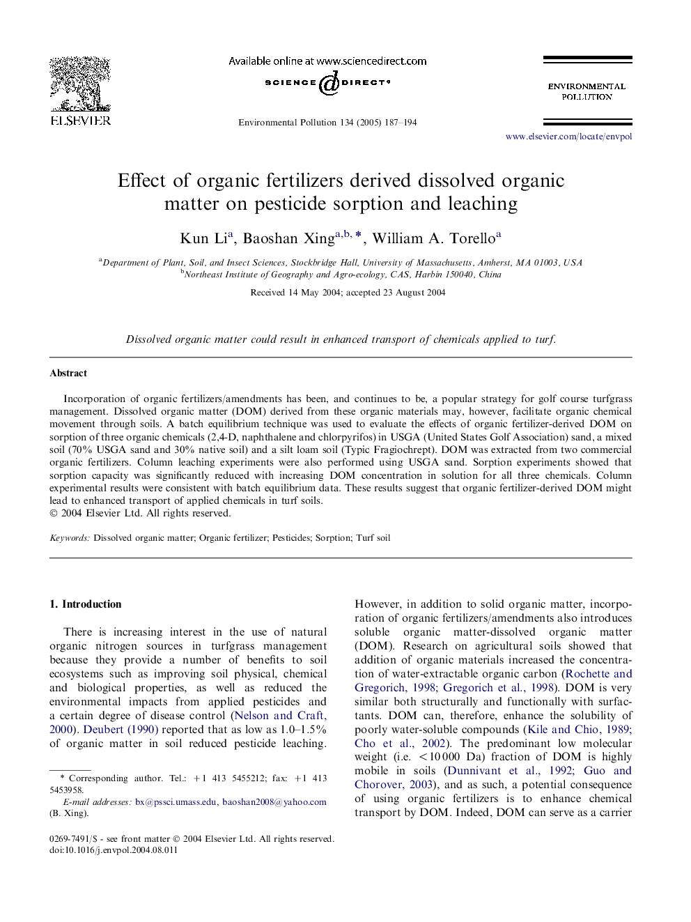 Effect of organic fertilizers derived dissolved organic matter on pesticide sorption and leaching