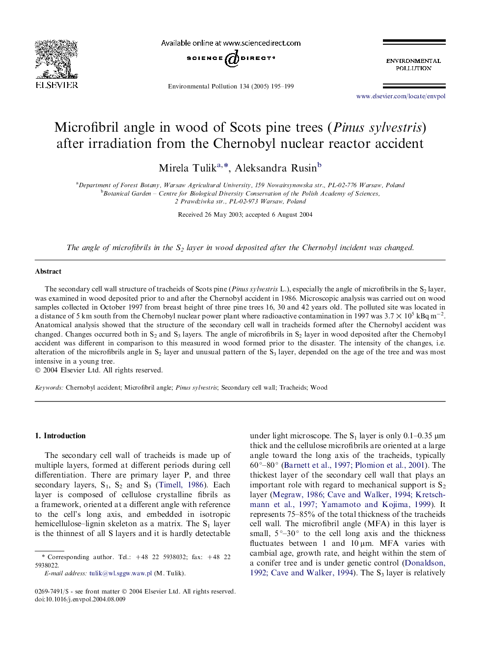 Microfibril angle in wood of Scots pine trees (Pinus sylvestris) after irradiation from the Chernobyl nuclear reactor accident