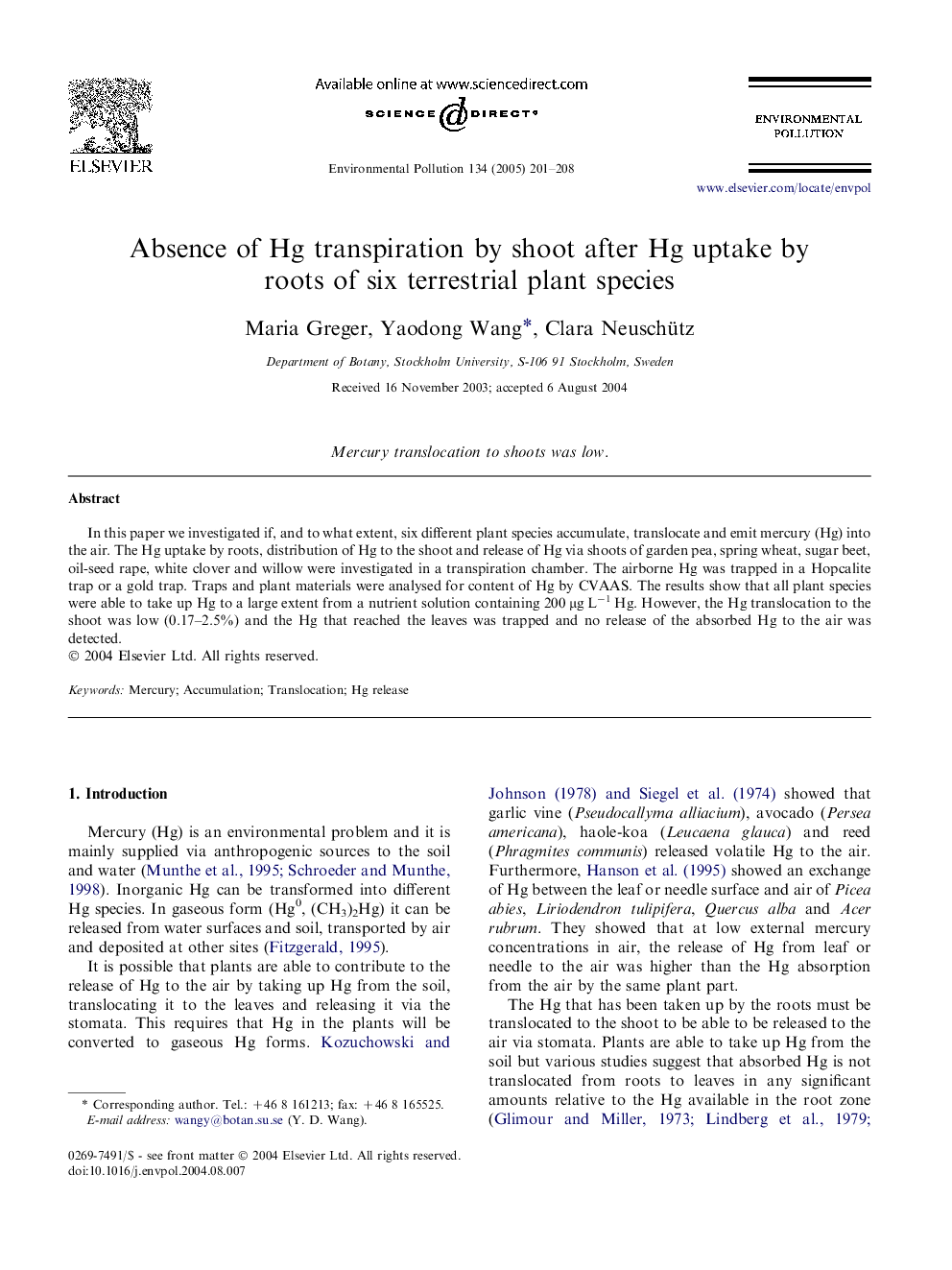 Absence of Hg transpiration by shoot after Hg uptake by roots of six terrestrial plant species