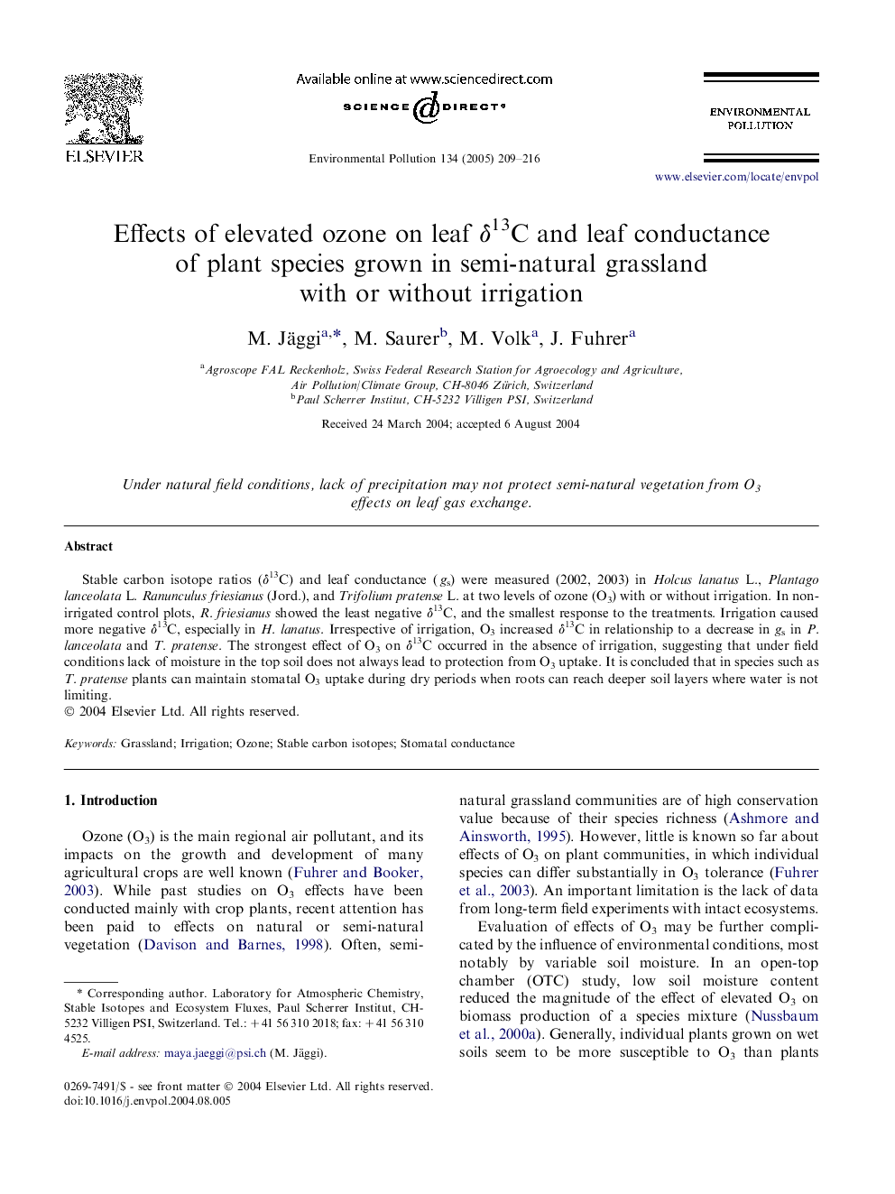 Effects of elevated ozone on leaf Î´13C and leaf conductance of plant species grown in semi-natural grassland with or without irrigation