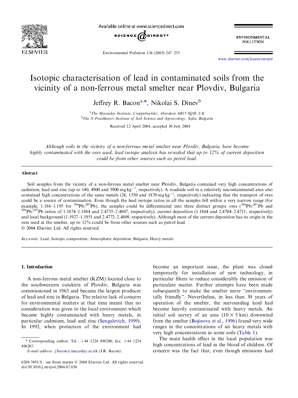 Isotopic characterisation of lead in contaminated soils from the vicinity of a non-ferrous metal smelter near Plovdiv, Bulgaria