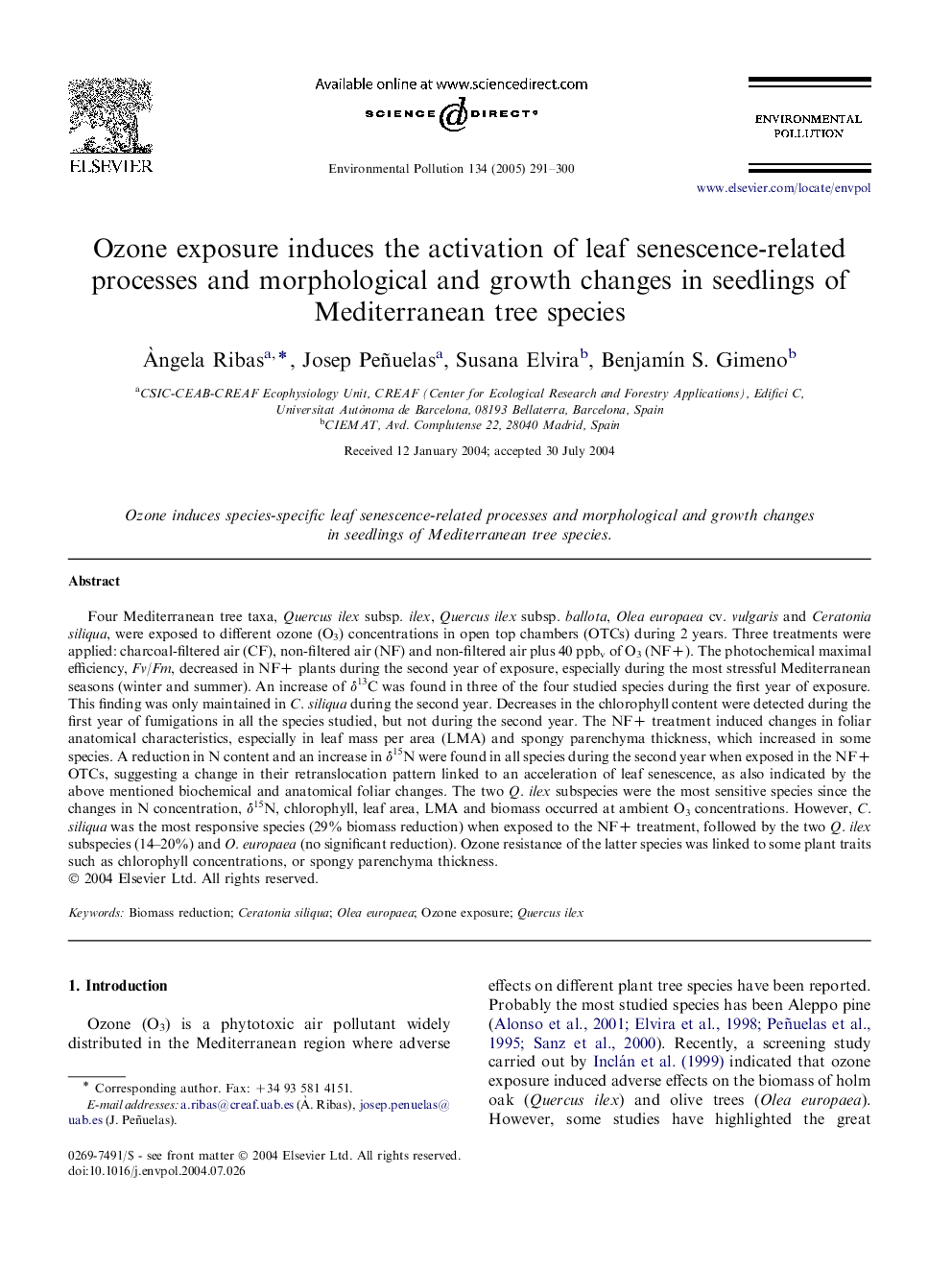 Ozone exposure induces the activation of leaf senescence-related processes and morphological and growth changes in seedlings of Mediterranean tree species