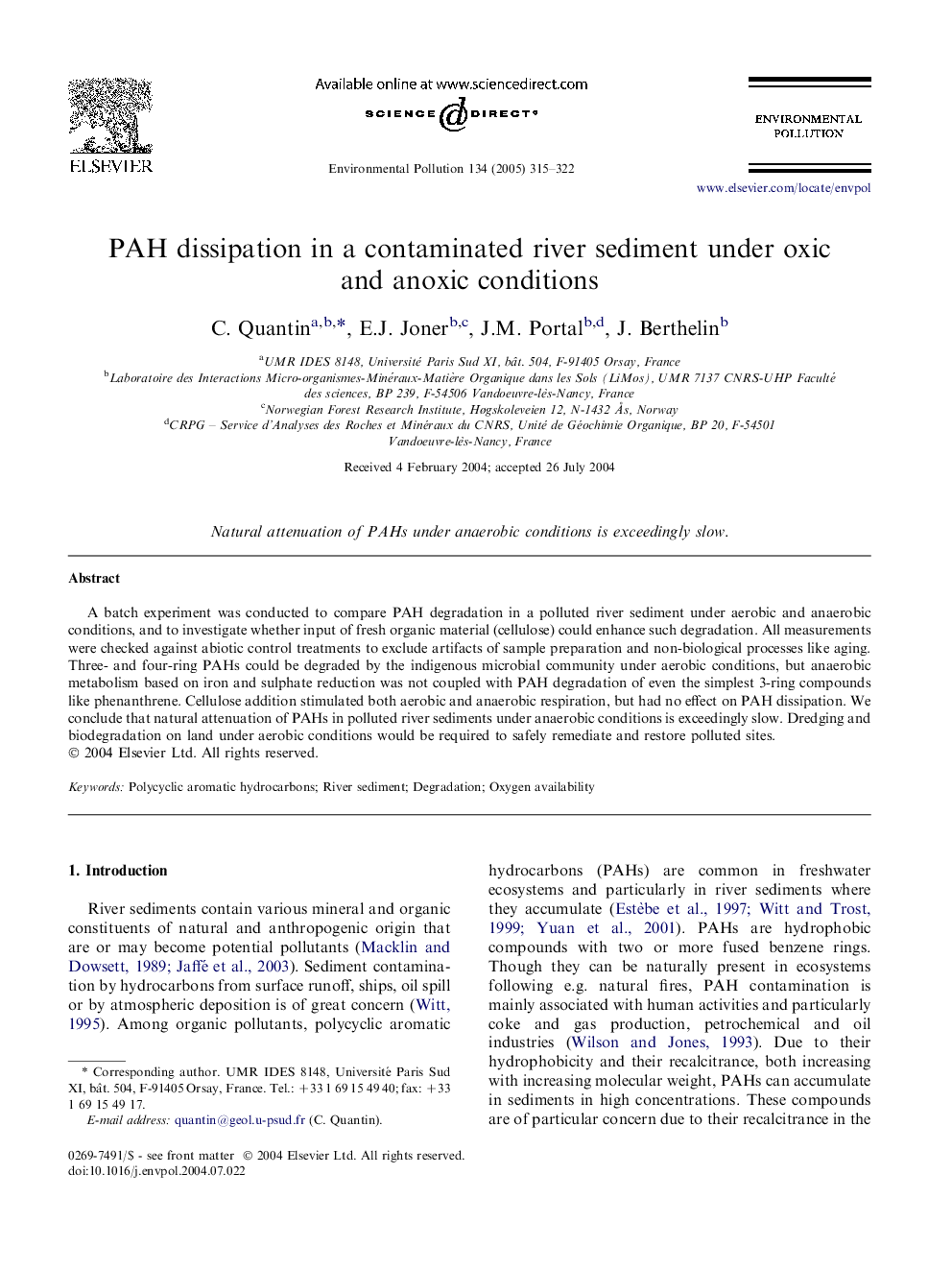 PAH dissipation in a contaminated river sediment under oxic and anoxic conditions