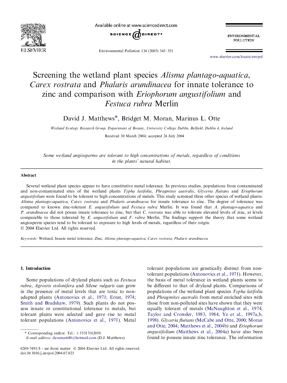 Screening the wetland plant species Alisma plantago-aquatica, Carex rostrata and Phalaris arundinacea for innate tolerance to zinc and comparison with Eriophorum angustifolium and Festuca rubra Merlin