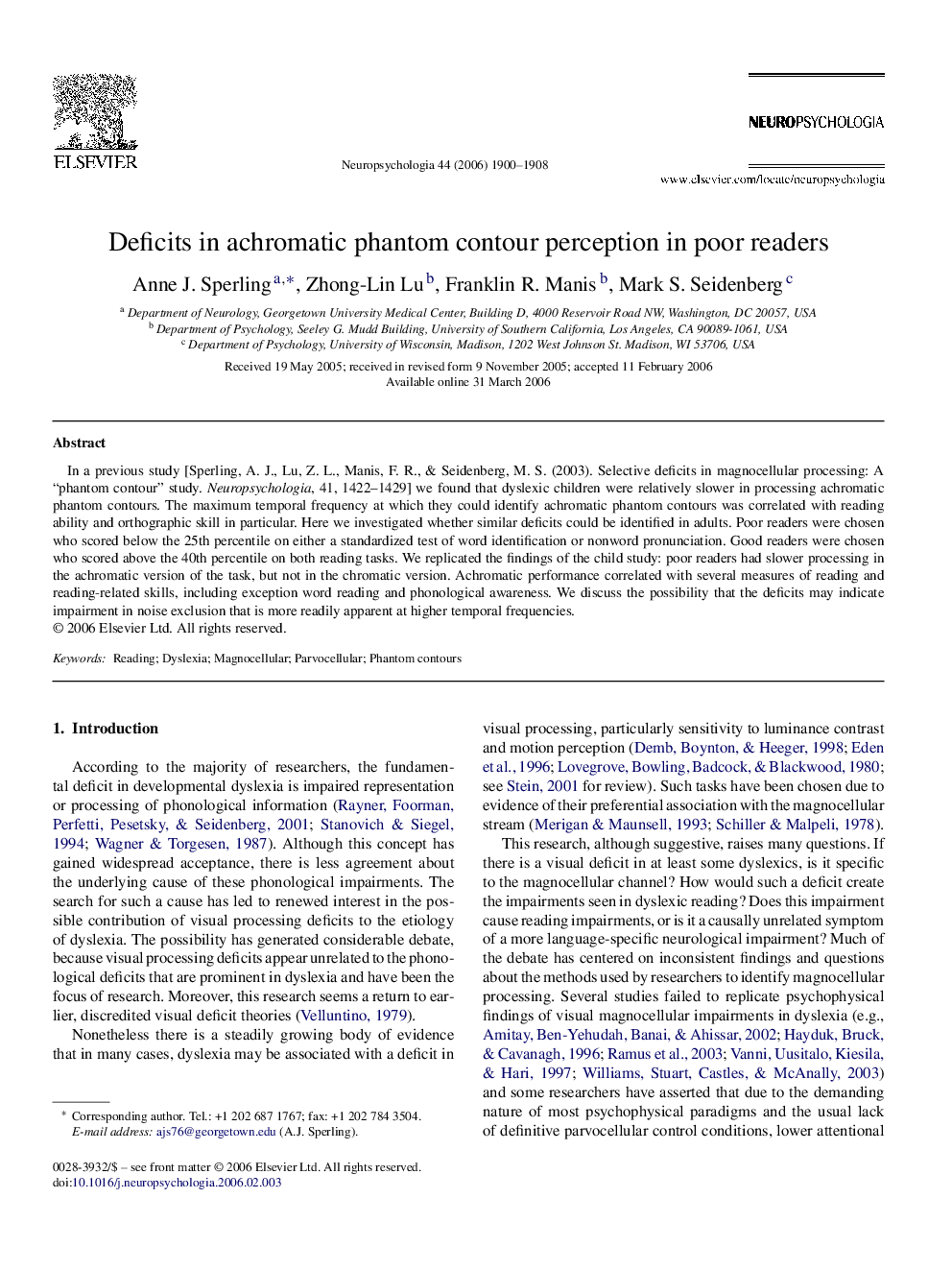 Deficits in achromatic phantom contour perception in poor readers