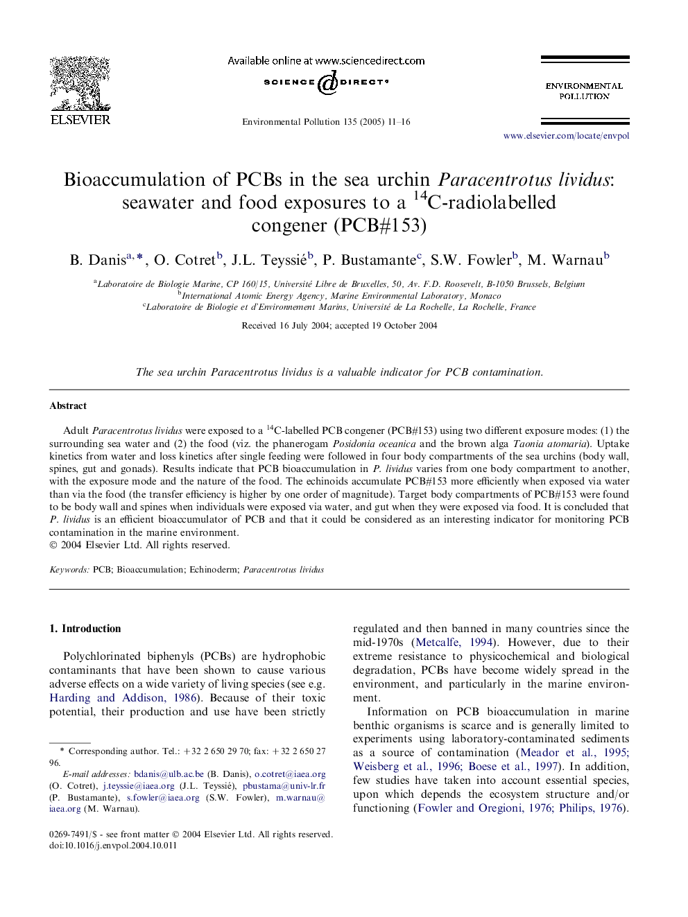 Bioaccumulation of PCBs in the sea urchin Paracentrotus lividus: seawater and food exposures to a 14C-radiolabelled congener (PCB#153)