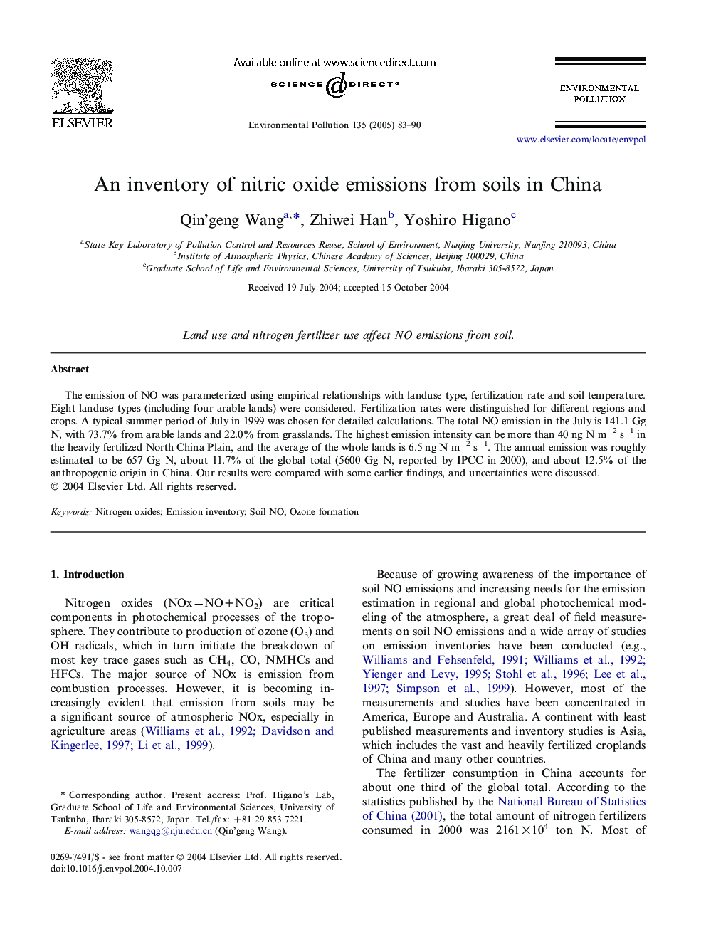 An inventory of nitric oxide emissions from soils in China