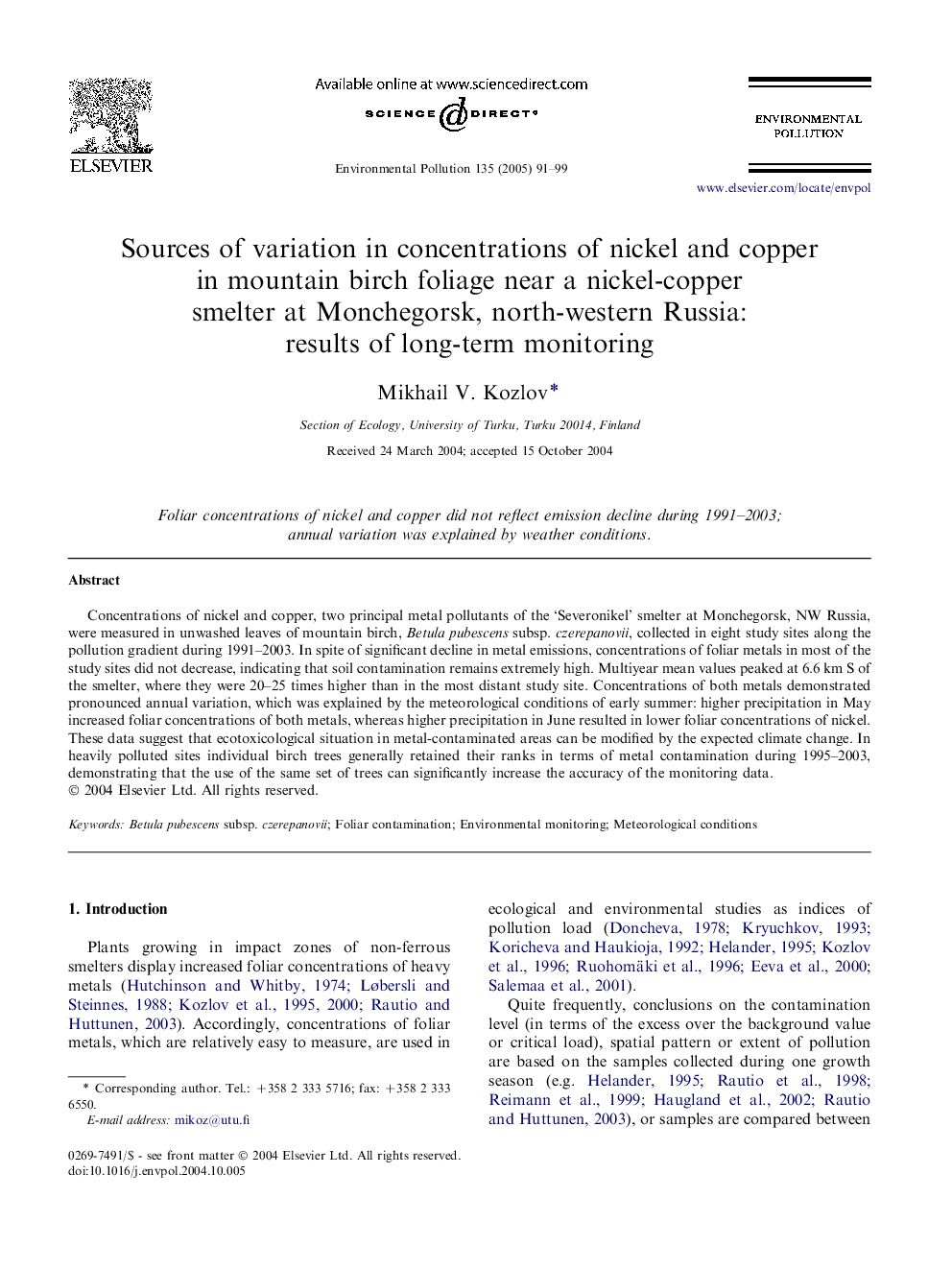 Sources of variation in concentrations of nickel and copper in mountain birch foliage near a nickel-copper smelter at Monchegorsk, north-western Russia: results of long-term monitoring